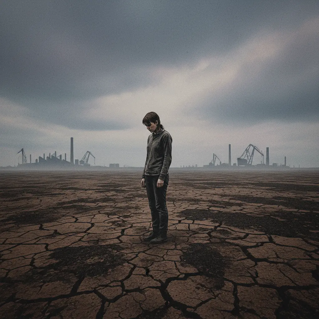 A solitary figure stands in a desolate, cracked landscape under a desaturated sky, symbolizing global economic fragility and geopolitical tension.