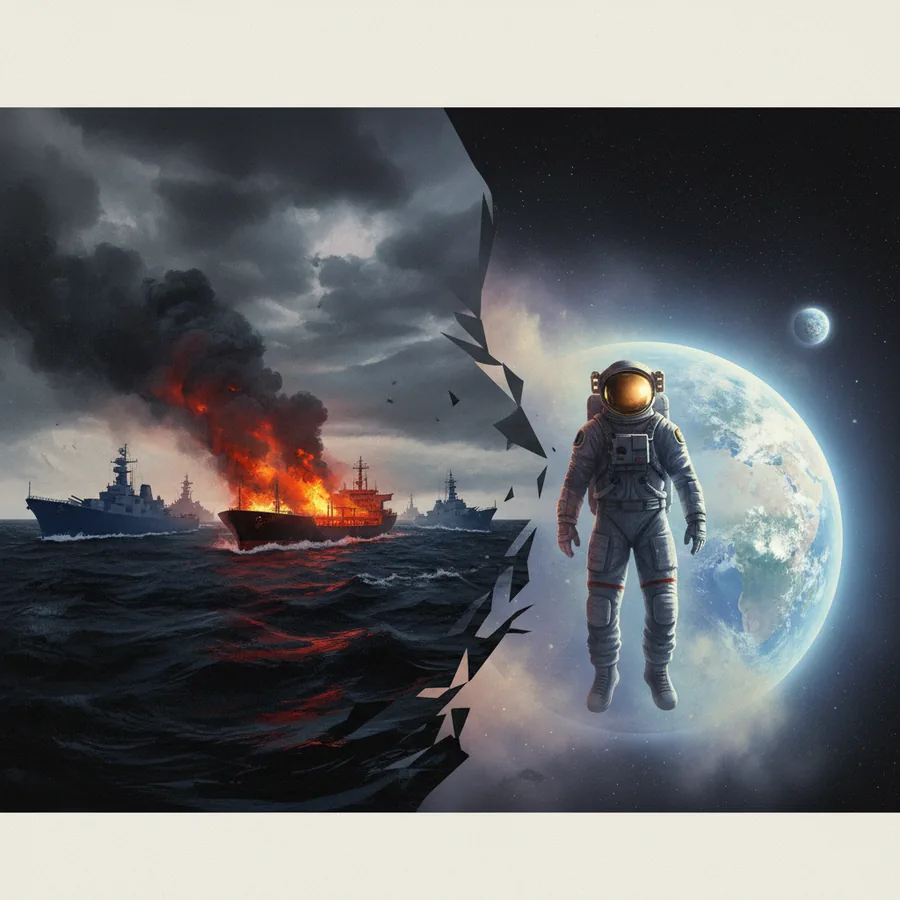 A high-contrast editorial artwork depicting a fractured scene of a naval blockade blending into an astronaut gazing at Earth from space.
