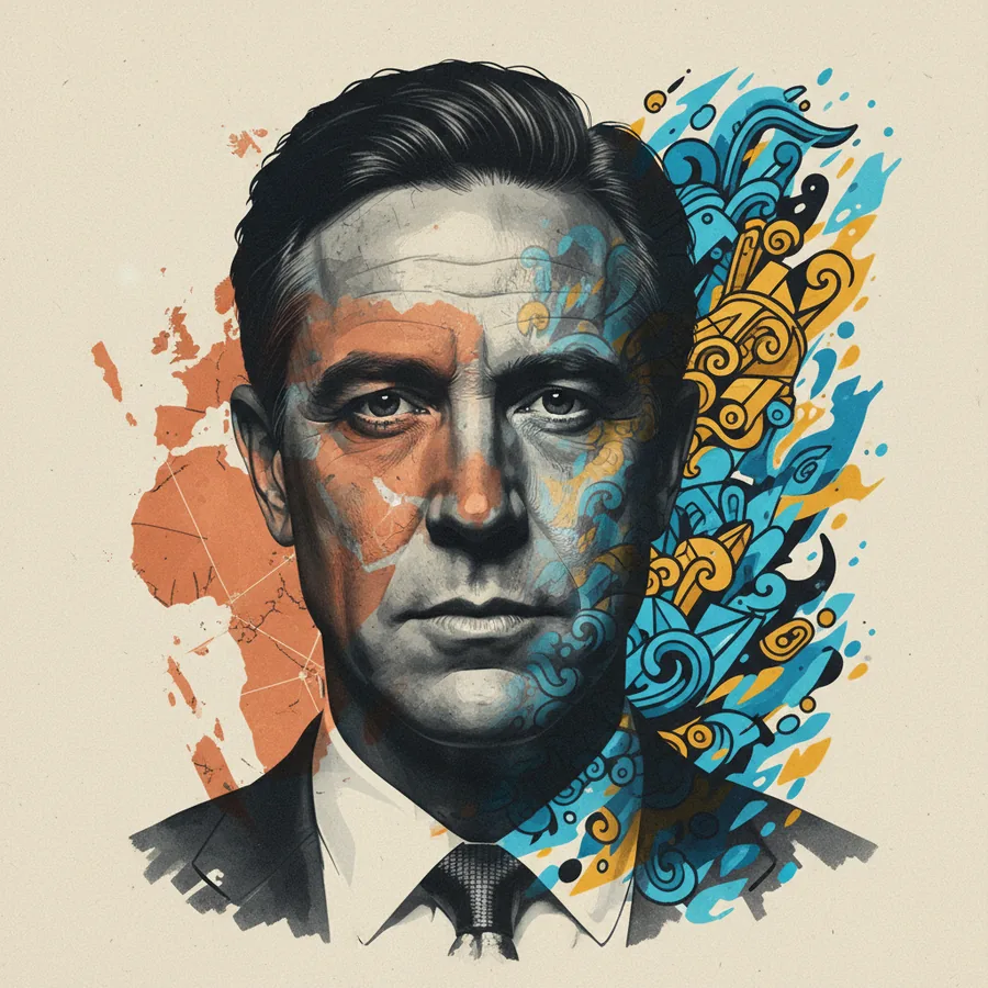 An editorial artwork featuring a dynamic split composition, contrasting a shadowed, abstract portrait of a statesman with a vibrant, colorful abstract street art mural.