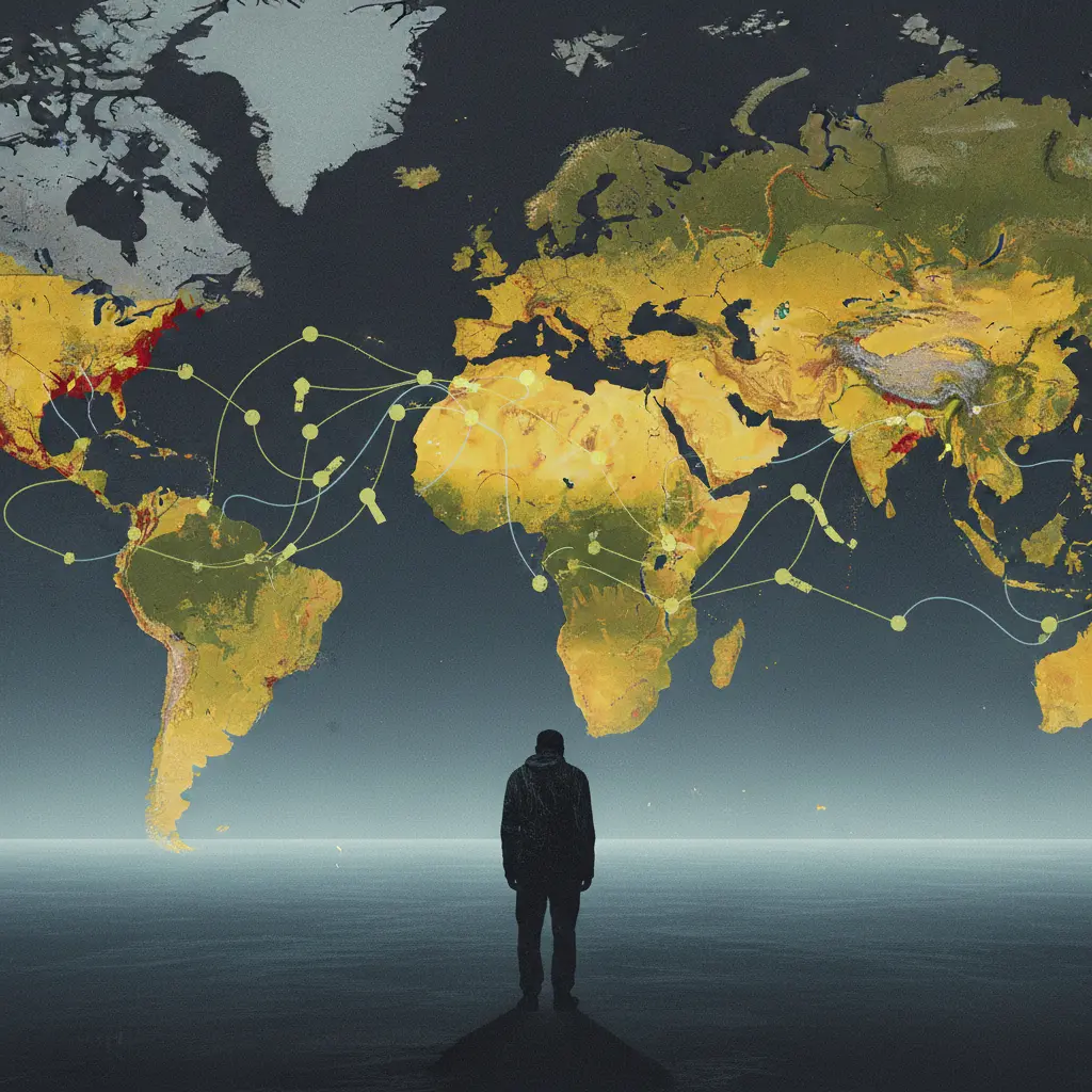 An abstract editorial image depicts fractured global geopolitics and strained supply chains, with a lone silhouetted figure against an uncertain horizon, rendered in charcoal grey, ochre yellow, military green, and fjord blue.