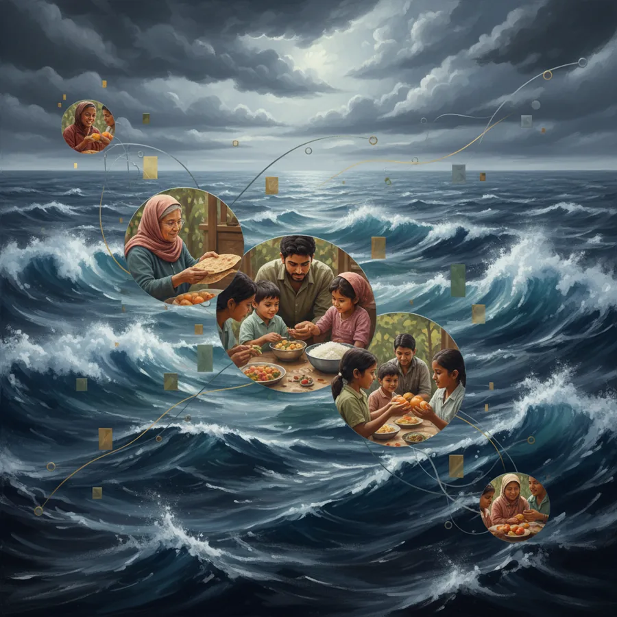 A mixed media digital painting depicts a turbulent ocean under a stormy sky, overlaid with vignettes of people sharing food and abstract lines representing global negotiations, rendered in blue, grey, tan, and green tones.