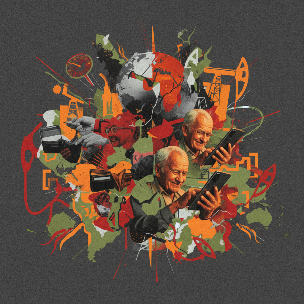 An editorial image showing the global economic impact of rising fuel costs and geopolitical tensions, juxtaposed with scenes of technological adaptation and societal resilience.