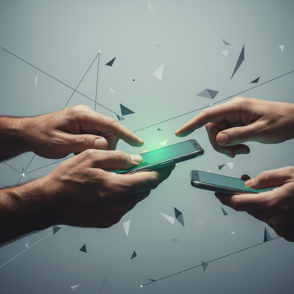 A full-bleed, close-up image shows hands of diverse generations interacting with glowing smartphone screens, symbolizing human connection and digital adaptation against a subtle, abstract background.