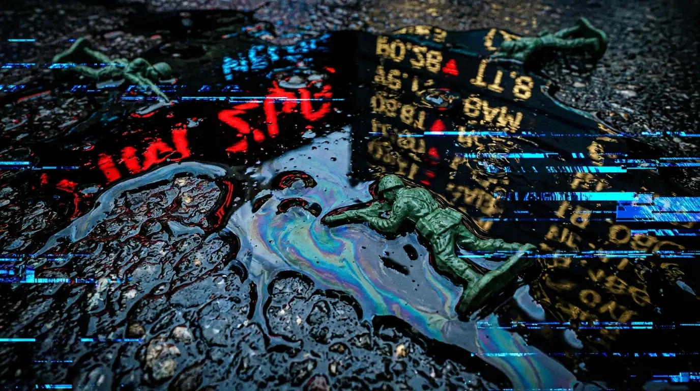 A macro, full-bleed editorial image of iridescent oil on wet pavement reflecting red and gold digital data, with small plastic toy soldiers partially submerged in the dark liquid.