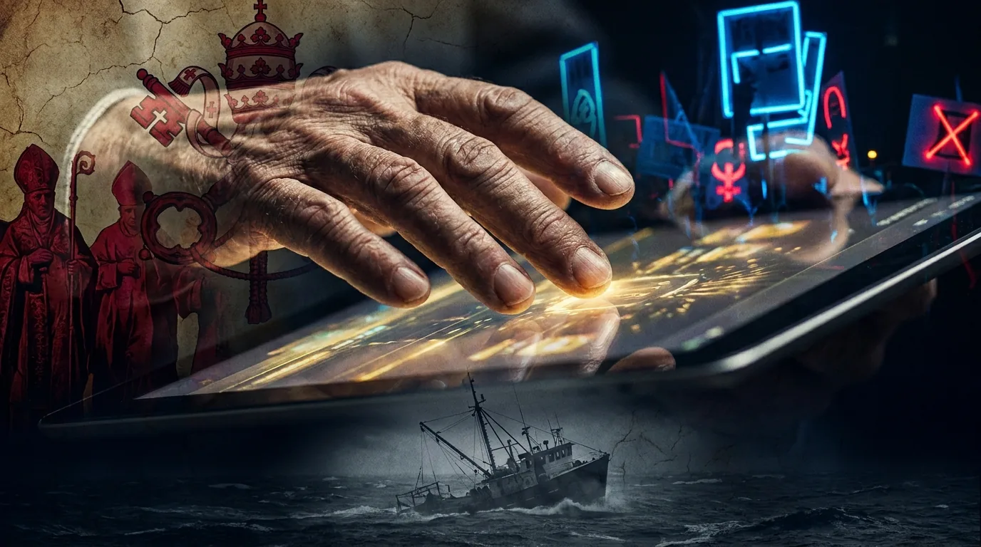 A macro editorial illustration of an elderly hand hovering over a digital screen, layered with religious symbols and the faint silhouette of a sinking ship.