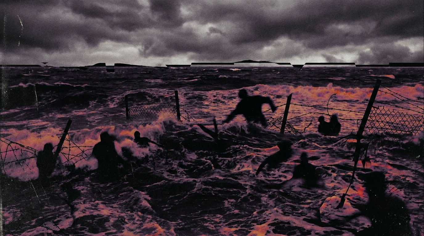 A somber and distorted high-contrast image of a churning dark sea filled with human silhouettes and industrial wire fences.