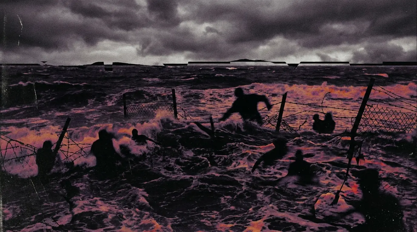 A somber and distorted high-contrast image of a churning dark sea filled with human silhouettes and industrial wire fences.