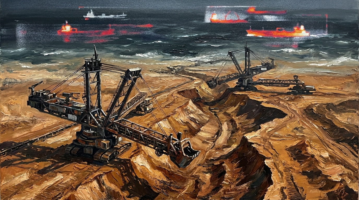 An aerial editorial painting showing industrial machinery excavating a lush green landscape next to a dark sea with thermal surveillance patterns.