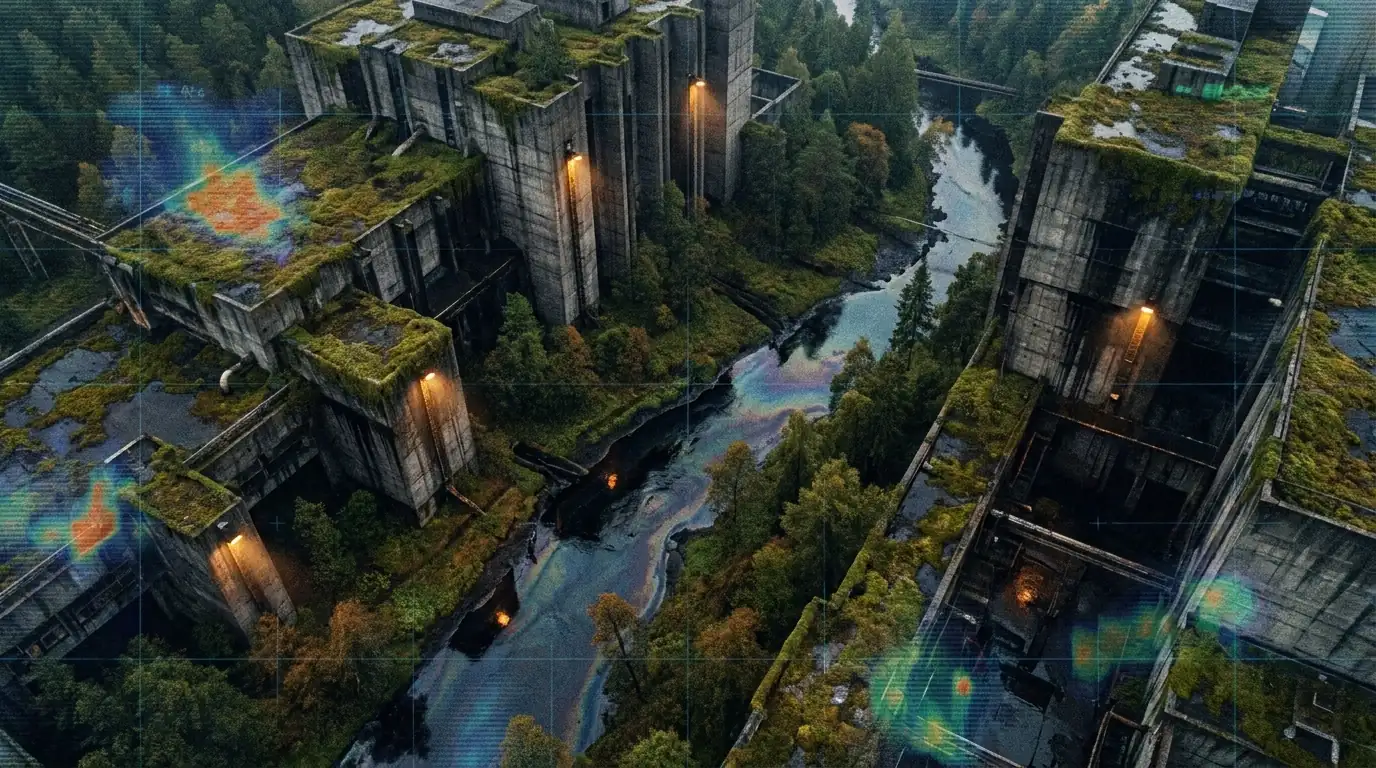 A wide-angle drone view depicts an industrial rig and timber facility embedded in a dark forest with thermal overlays and an oily river.