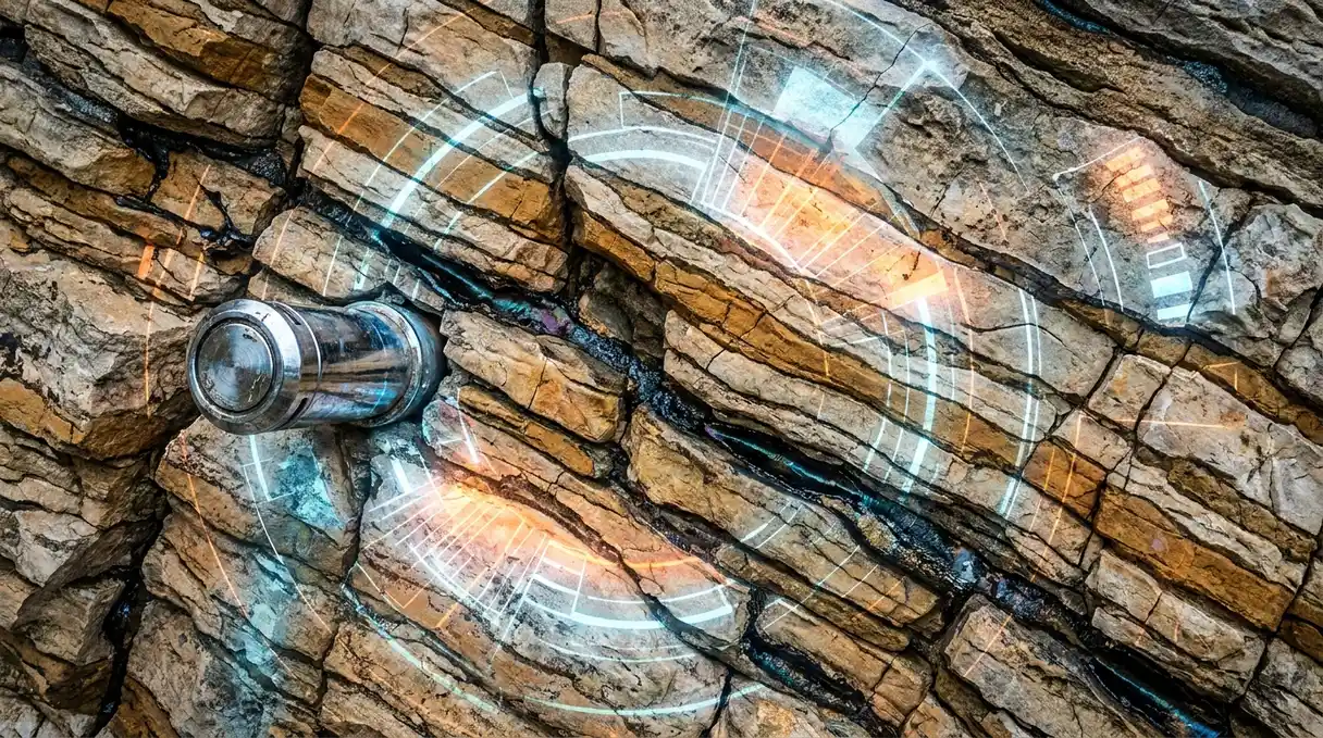 A macro-photographic image of ancient limestone rock strata overlaid with glowing digital heat map data and a weathered metallic sensor.