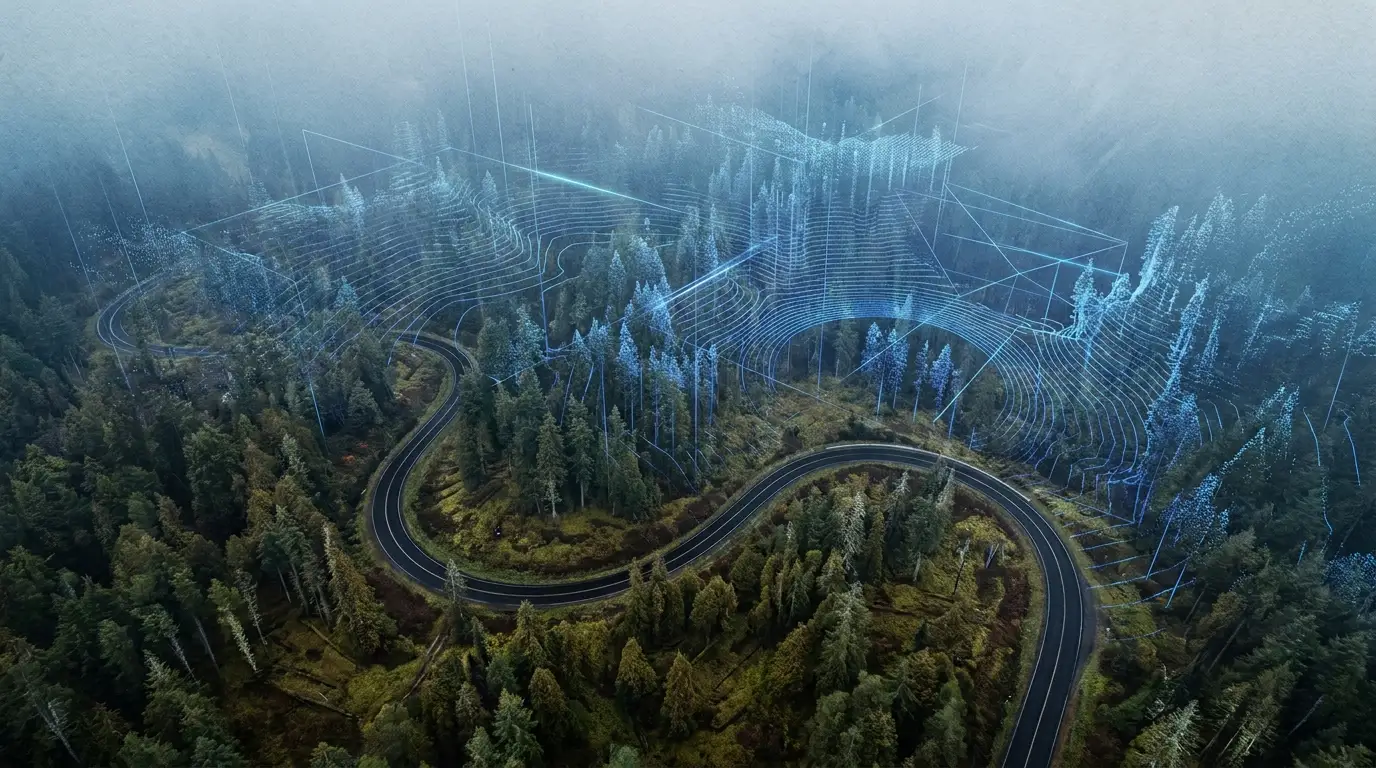 An aerial editorial illustration of a dark, mossy forest cut by a winding road and overlaid with glowing blue technical mapping data.