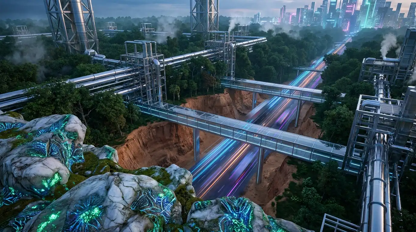 A cinematic aerial view of a futuristic landscape blending industrial chrome technology, bioluminescent microbial patterns, and ancient marble architecture under a long-exposure sky.