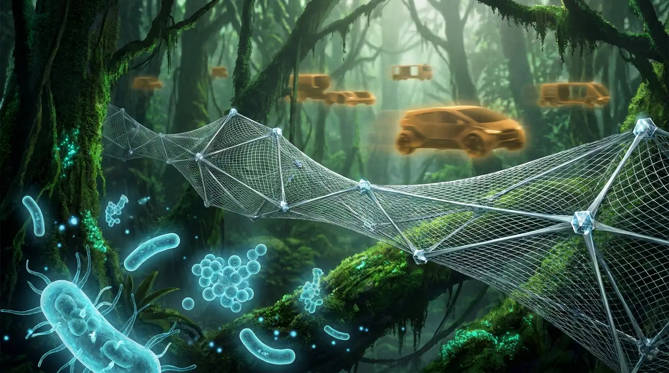 A high-tech silver mesh bridge weaves through a lush green jungle, surrounded by floating cyan bacterial patterns and distant glowing vehicle silhouettes in a hazy ochre light.
