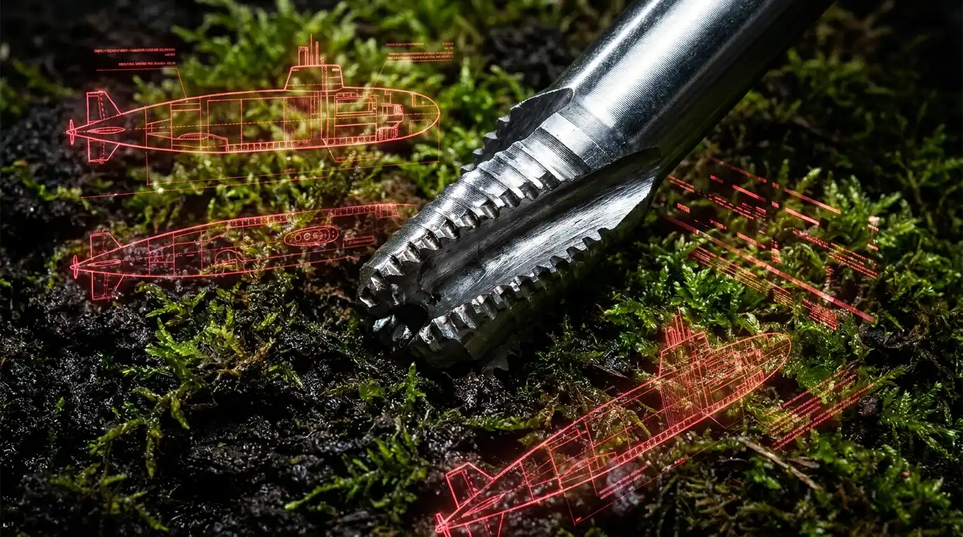 An industrial steel drill bit pierces mossy green earth, overlaid with glowing red technical blueprints of submarine structures in a high-contrast macro-photographic style.