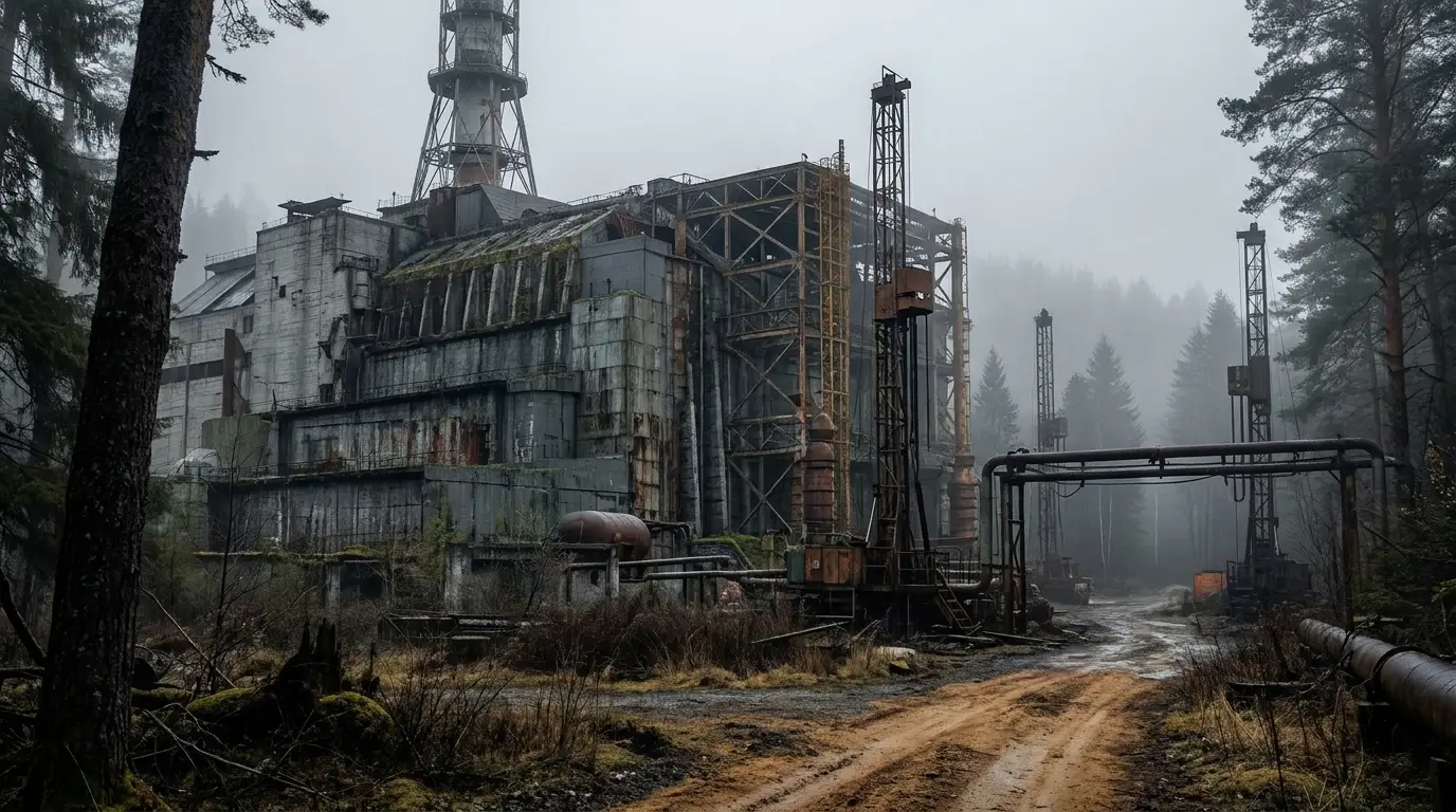 An editorial wide shot showing a moss-covered brutalist structure in a misty forest being encroached upon by modern industrial drilling equipment and a raw dirt road.