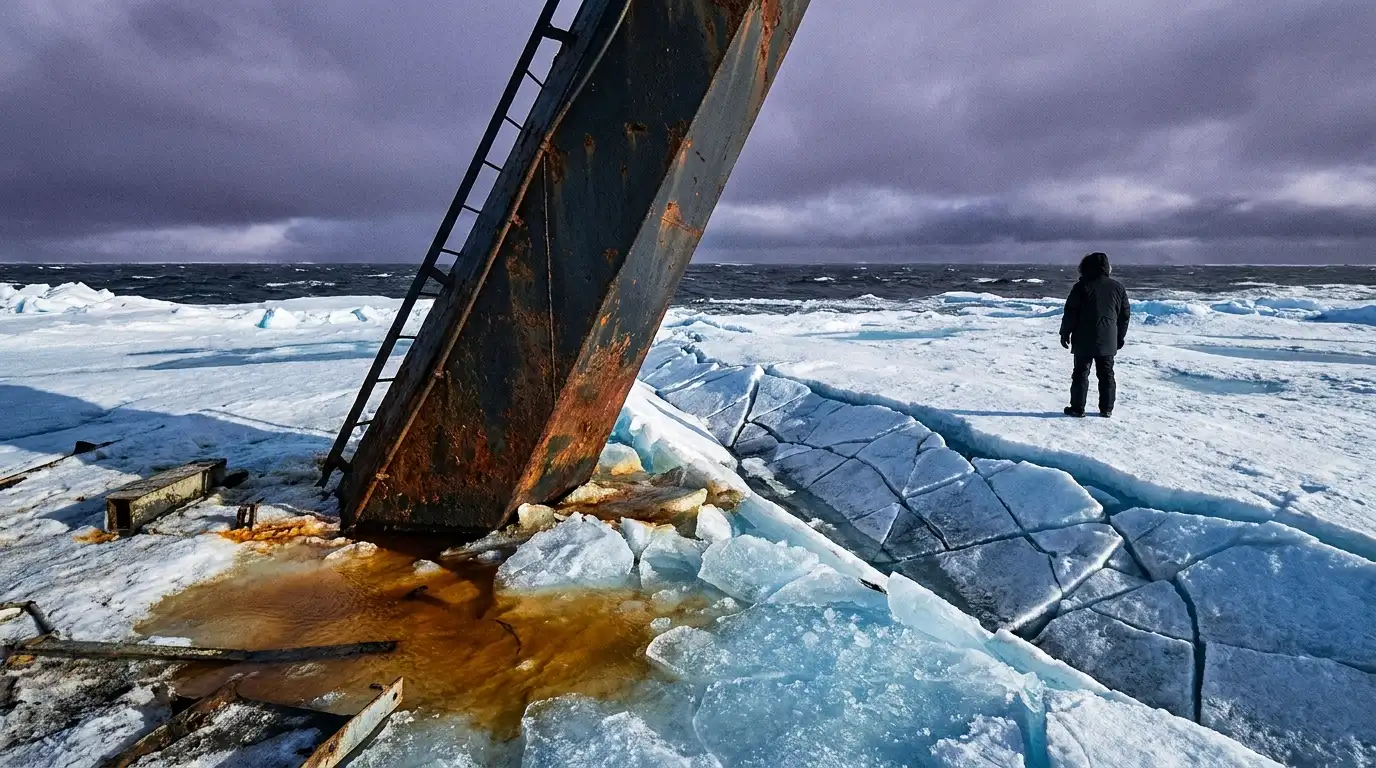 An editorial image of a lone figure standing on a cracked Arctic ice shelf next to a massive rusted industrial pylon and a pool of amber oil under a dark violet sky.