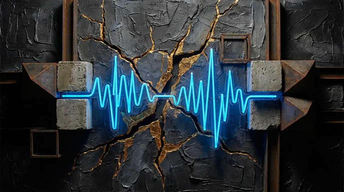 An abstract editorial illustration featuring gold fissures and a glowing blue waveform compressed between dark industrial textures.