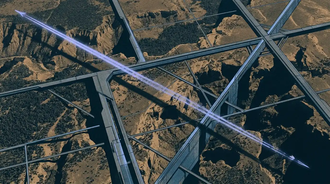 An aerial editorial artwork showing a rugged wilderness divided by industrial geometric patterns and a single diagonal vapor trail.