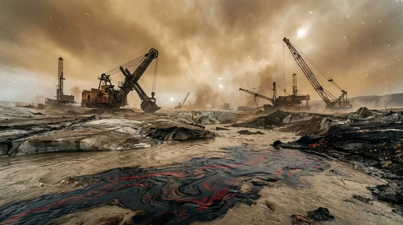 A cinematic wide-angle view of industrial drilling equipment encroaching on a melting glacial landscape with oil-polluted rivers under a heavy ochre sky.