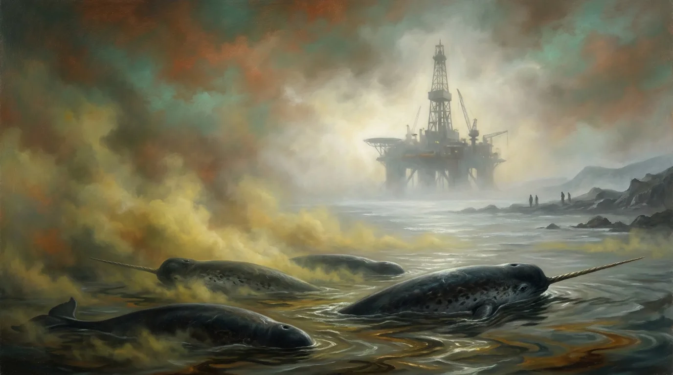 An editorial oil painting in a High Renaissance style showing narwhals swimming through dark Arctic waters near a distant, mist-shrouded industrial rig.