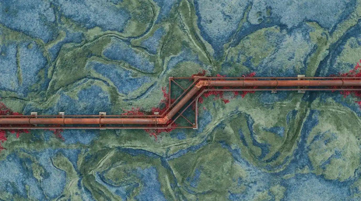 An aerial editorial illustration showing a rusty industrial pipeline cutting through a vast, cold blue and sage green wilderness with red organic accents.