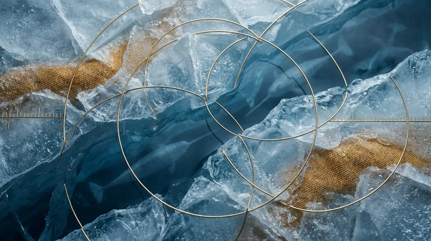 An editorial artwork depicting golden geometric lines and scales overlaid on a macro view of cracking Arctic ice with submerged narwhal silhouettes.
