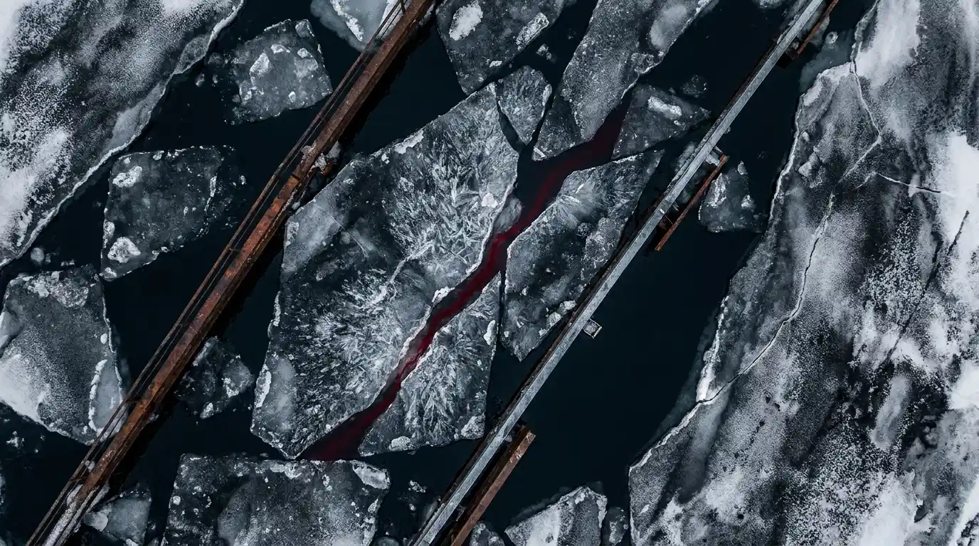 An aerial view of cracked Arctic ice intersected by dark industrial metal lines with a single red streak flowing through a crevice.