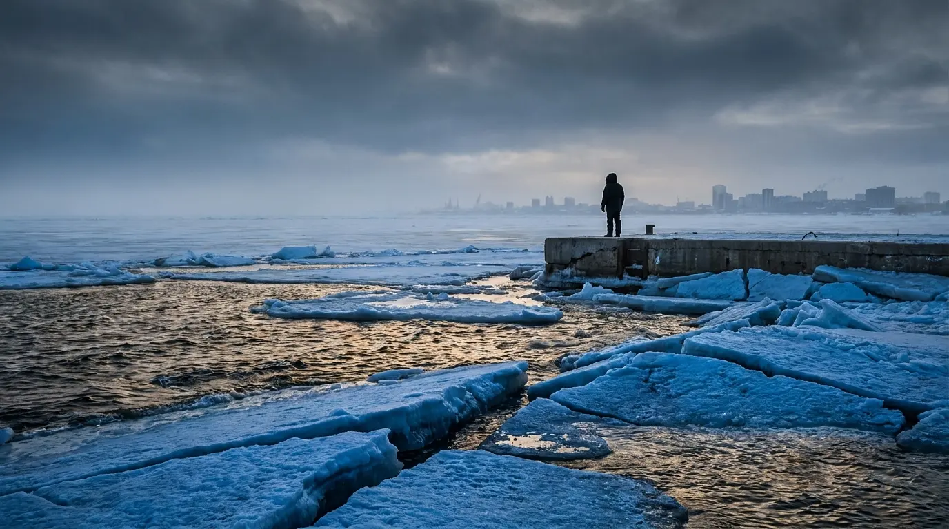 A wide-angle landscape featuring fractured blue ice in the foreground and a distant, desaturated city skyline under a dark, moody sky with a lone silhouette on a pier.