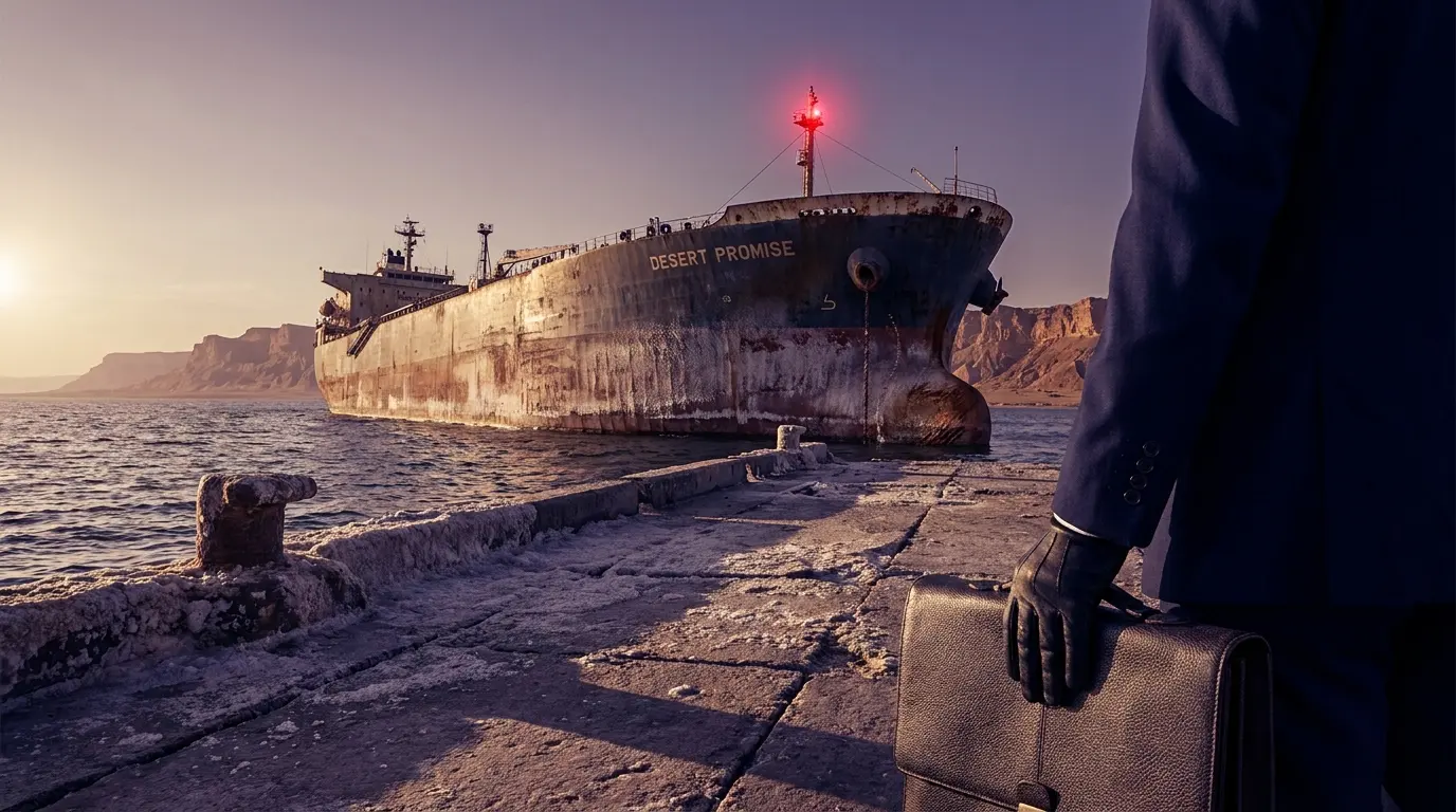 An anonymous diplomat's hand rests near a leather portfolio on a weathered concrete pier, overlooking a massive rusted cargo ship against a hazy, sun-drenched coastline.