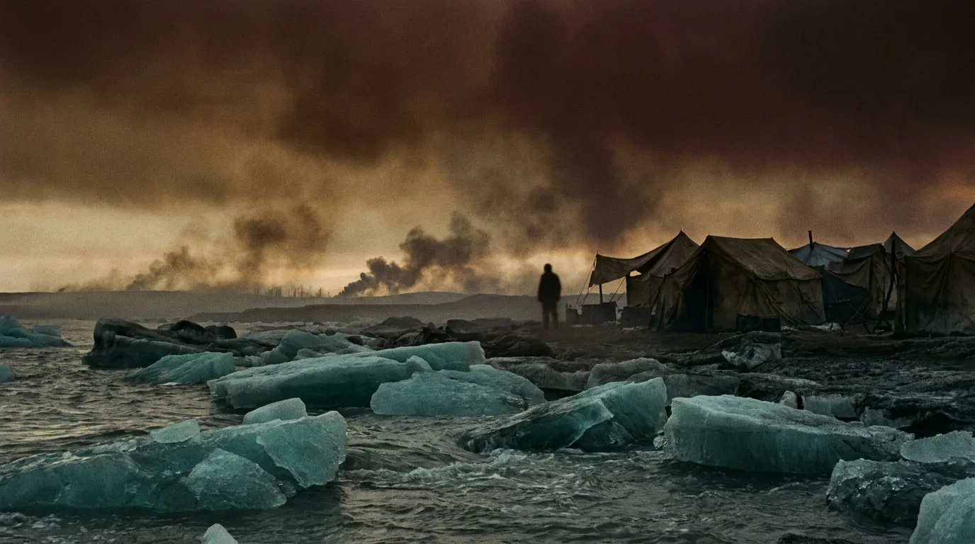 An anonymous silhouette stands among temporary shelters on a fractured icy landscape under a hazy, smoke-filled sky.