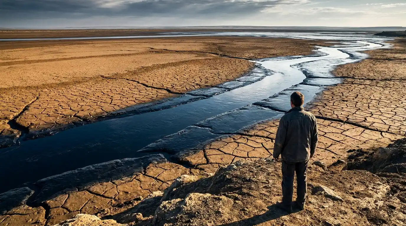 A high-angle editorial scene of an anonymous person on a ridge watching a dark, life-giving tide flow into a landscape of cracked ochre earth.