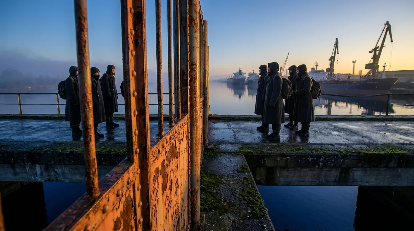 An editorial image showing anonymous figures in heavy coats meeting on a damp concrete bridge at dawn, framed by a rusted iron gate and a background of stationary industrial tankers.
