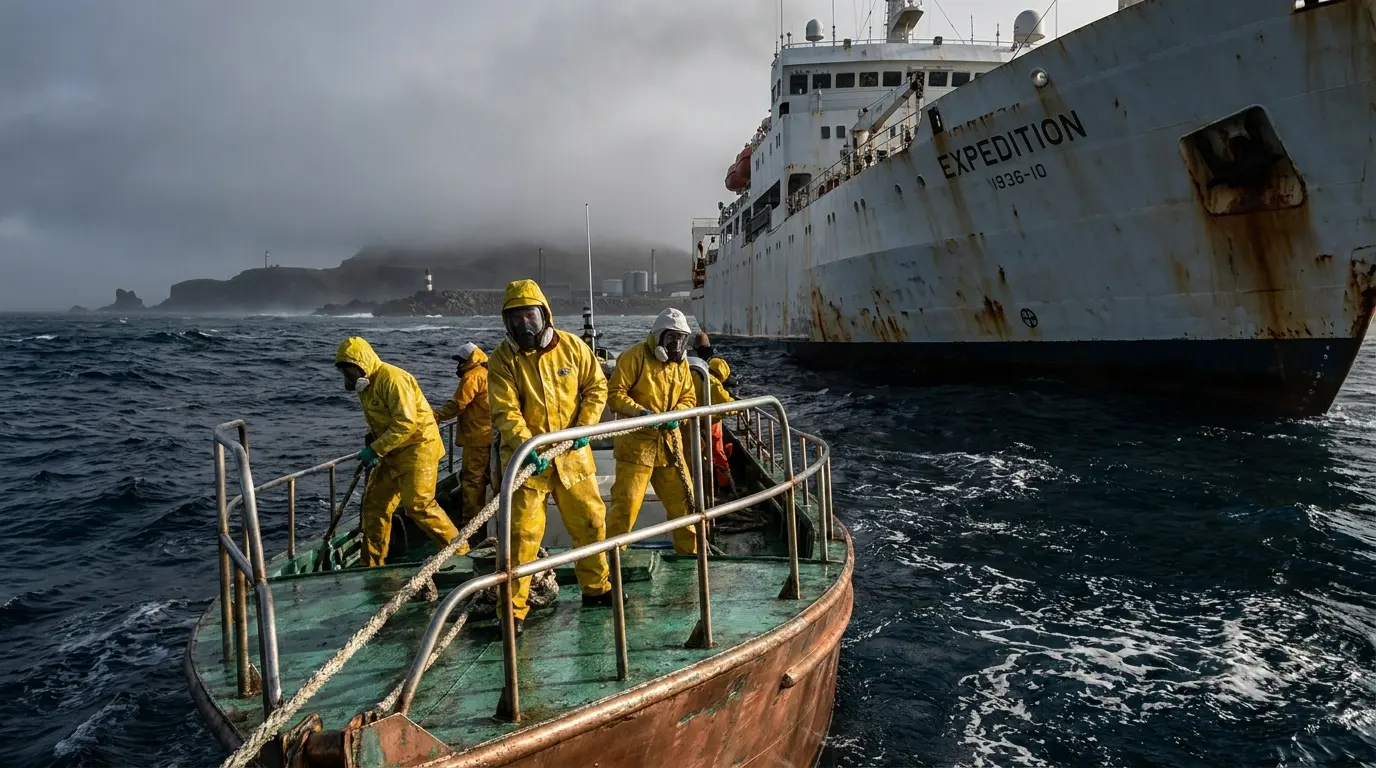An editorial image of anonymous workers in yellow biohazard suits on a rescue boat next to a large rusted ship in a stormy sea under a dark grey sky.