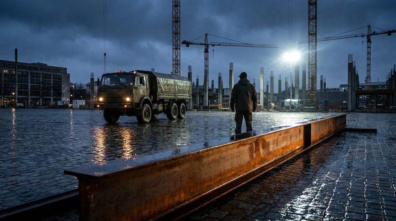 A lone military truck and an anonymous figure stand in a rain-soaked plaza surrounded by construction cranes and rusted industrial beams under a dark sky.