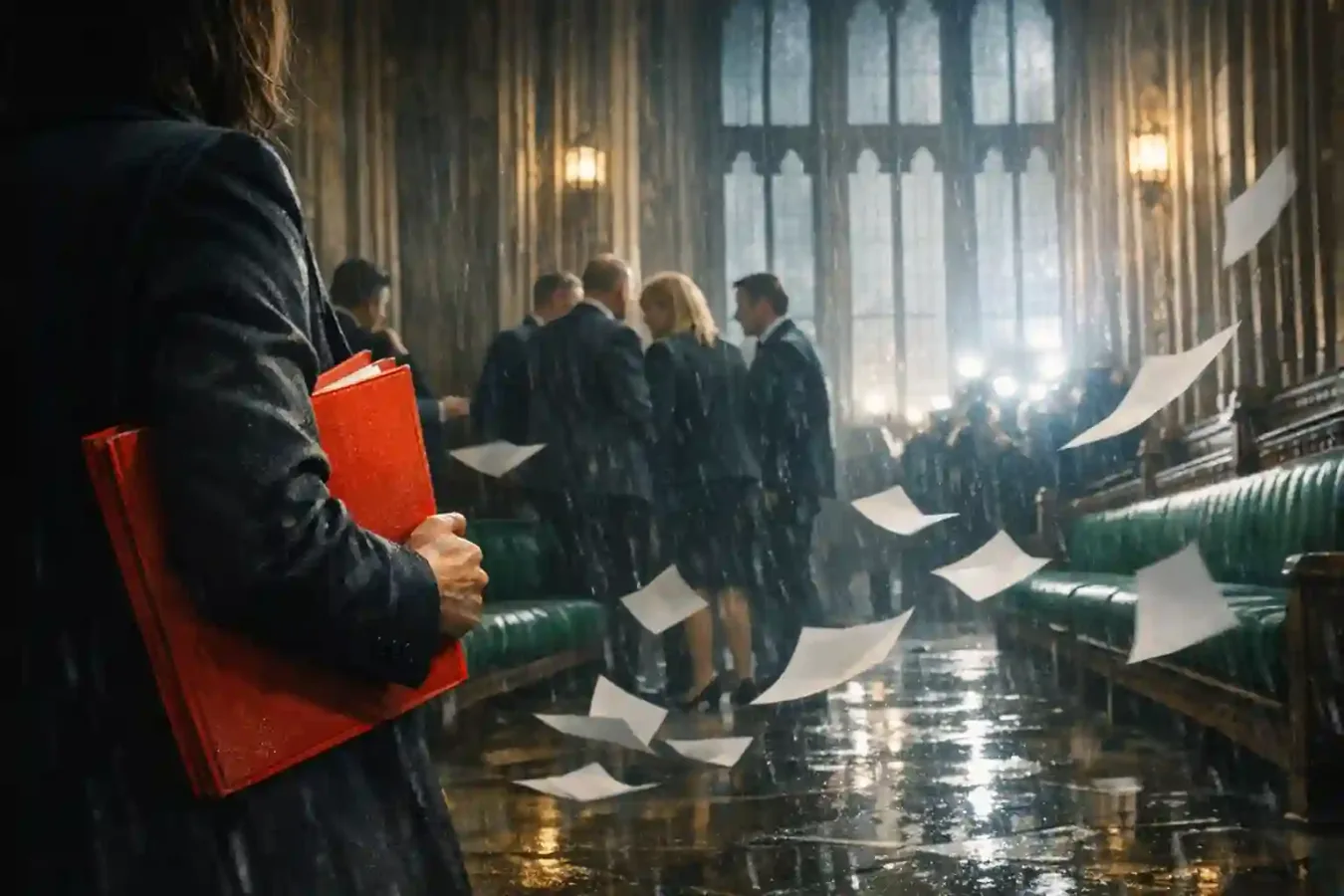 An anonymous parliamentarian holding a red folder stands in a storm-lit parliamentary corridor as colleagues and flashes gather behind her.