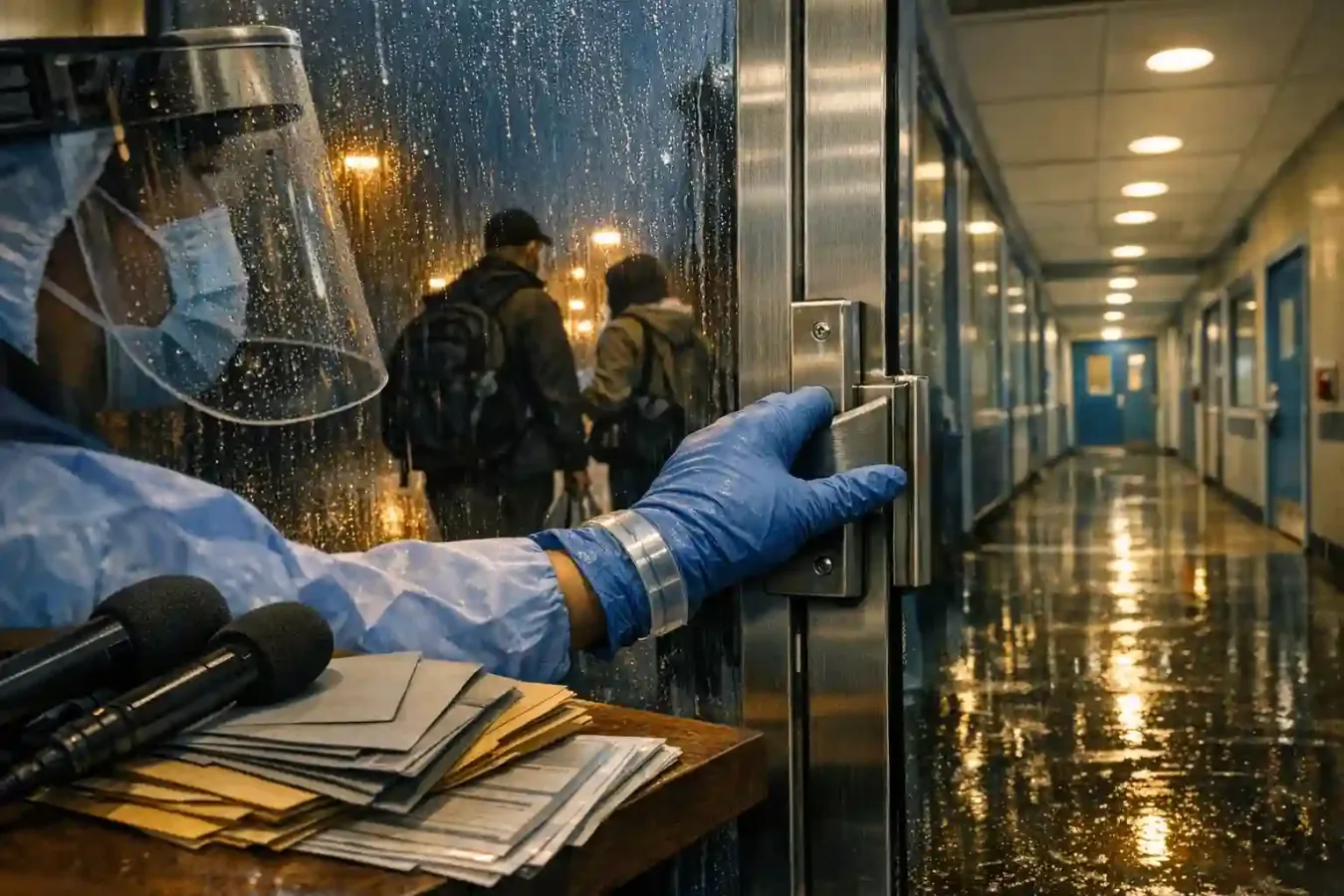 Anonymous masked travelers and health workers move through a rain-pressed biocontainment entrance in a civic-health intake building.