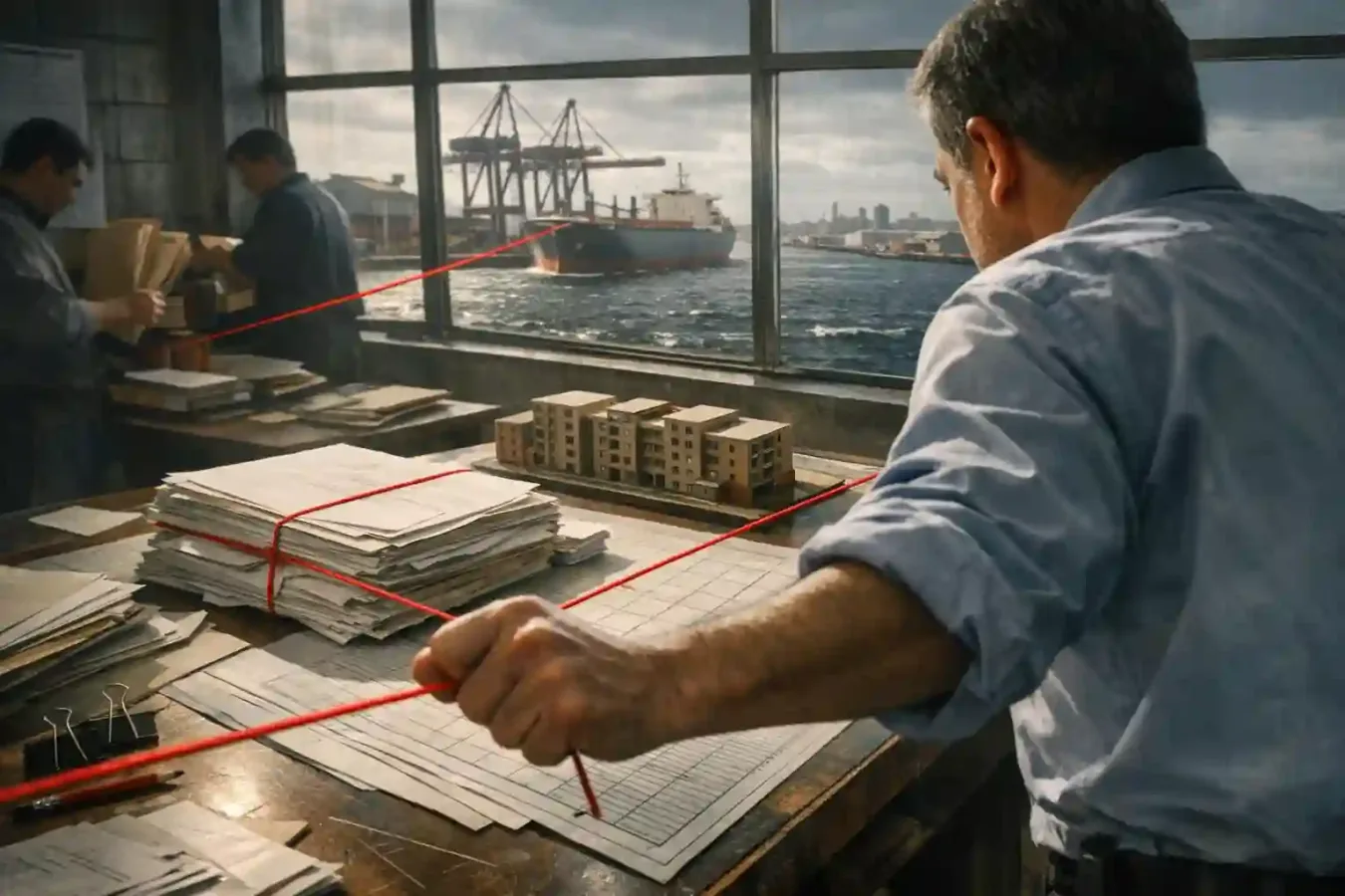 An anonymous clerk pulls a red cord across civic documents and a housing model while a stormy working harbor is visible through the windows.