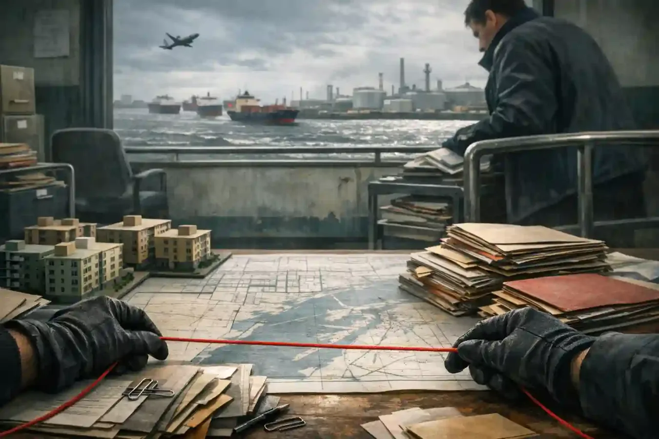 An anonymous public servant pulls a red measuring cord across civic documents and housing models as a storm-lit harbor, ships, aircraft, and industrial facility press beyond the windows.