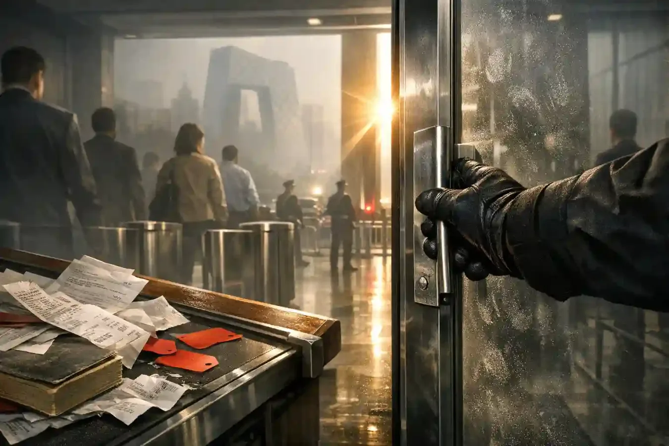 An anonymous security officer opens a glass summit door while civic papers, receipts, blank discount tags, and a paperback lie in the foreground against a smog-muted Beijing security backdrop.
