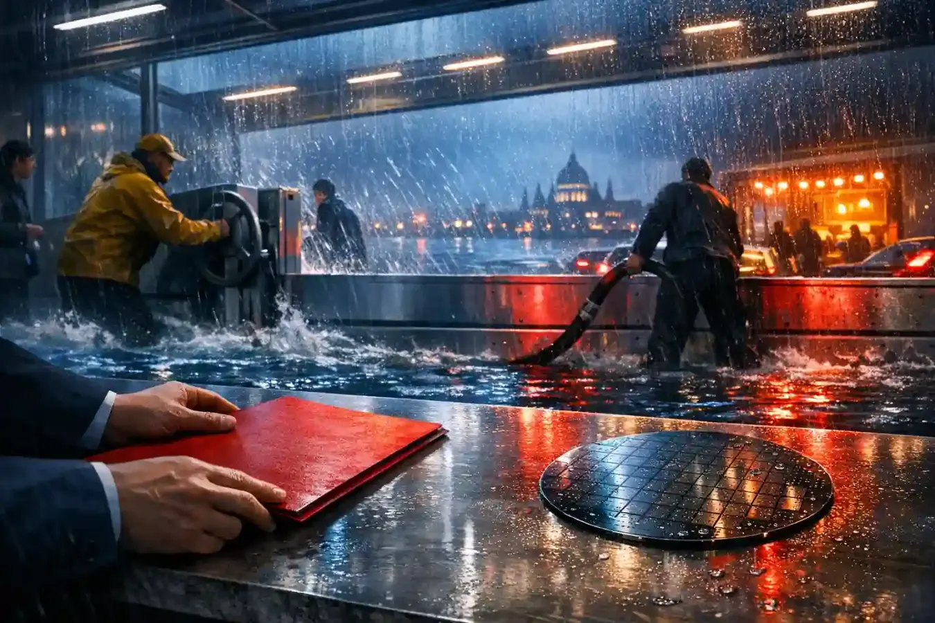 Anonymous officials and workers manage documents, technology, fuel equipment, and flood barriers inside a rain-soaked civic ferry terminal.
