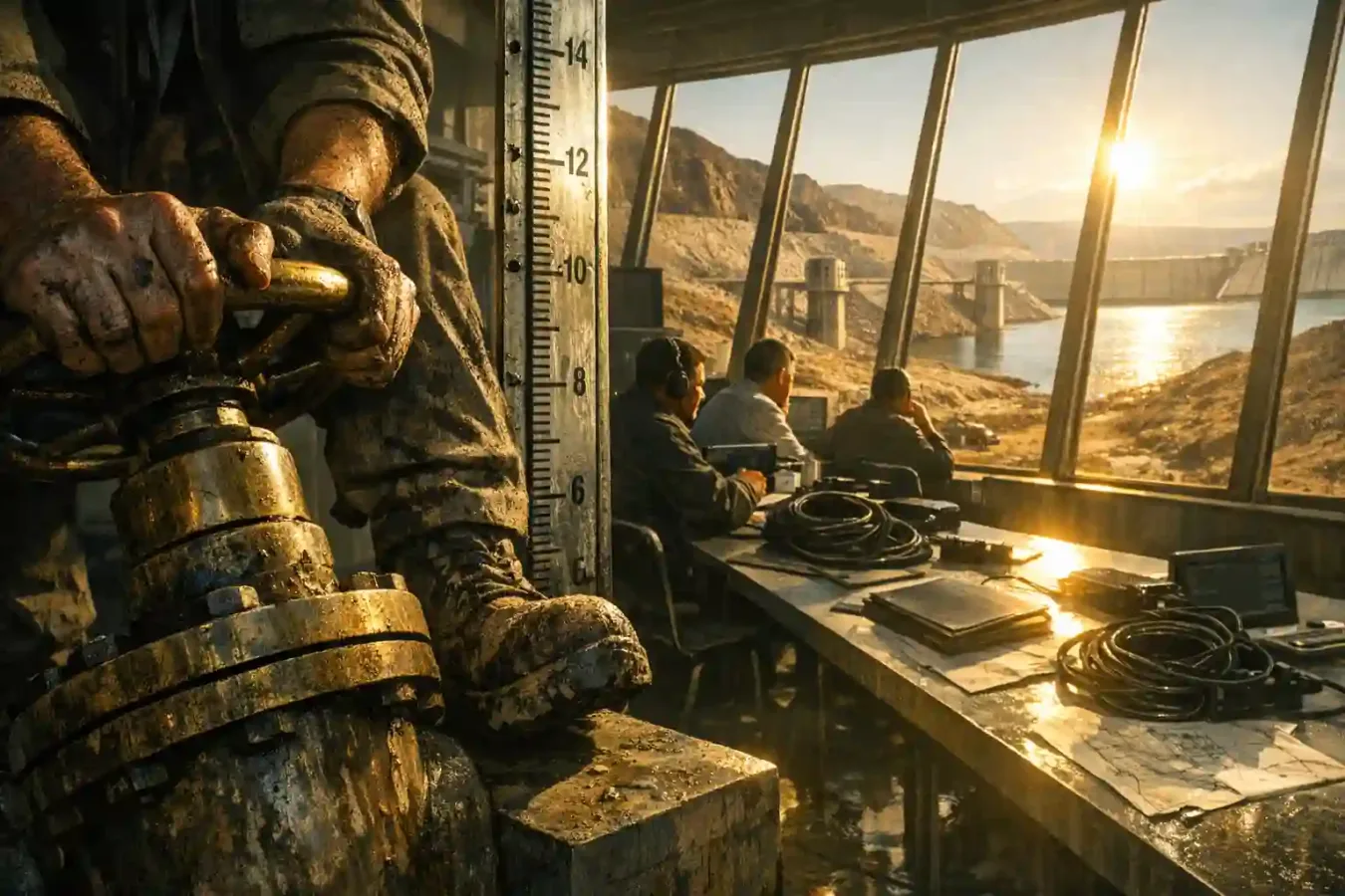 An anonymous technician turns a brass valve in a dam control room while officials sit nearby and a depleted reservoir stretches outside the windows.