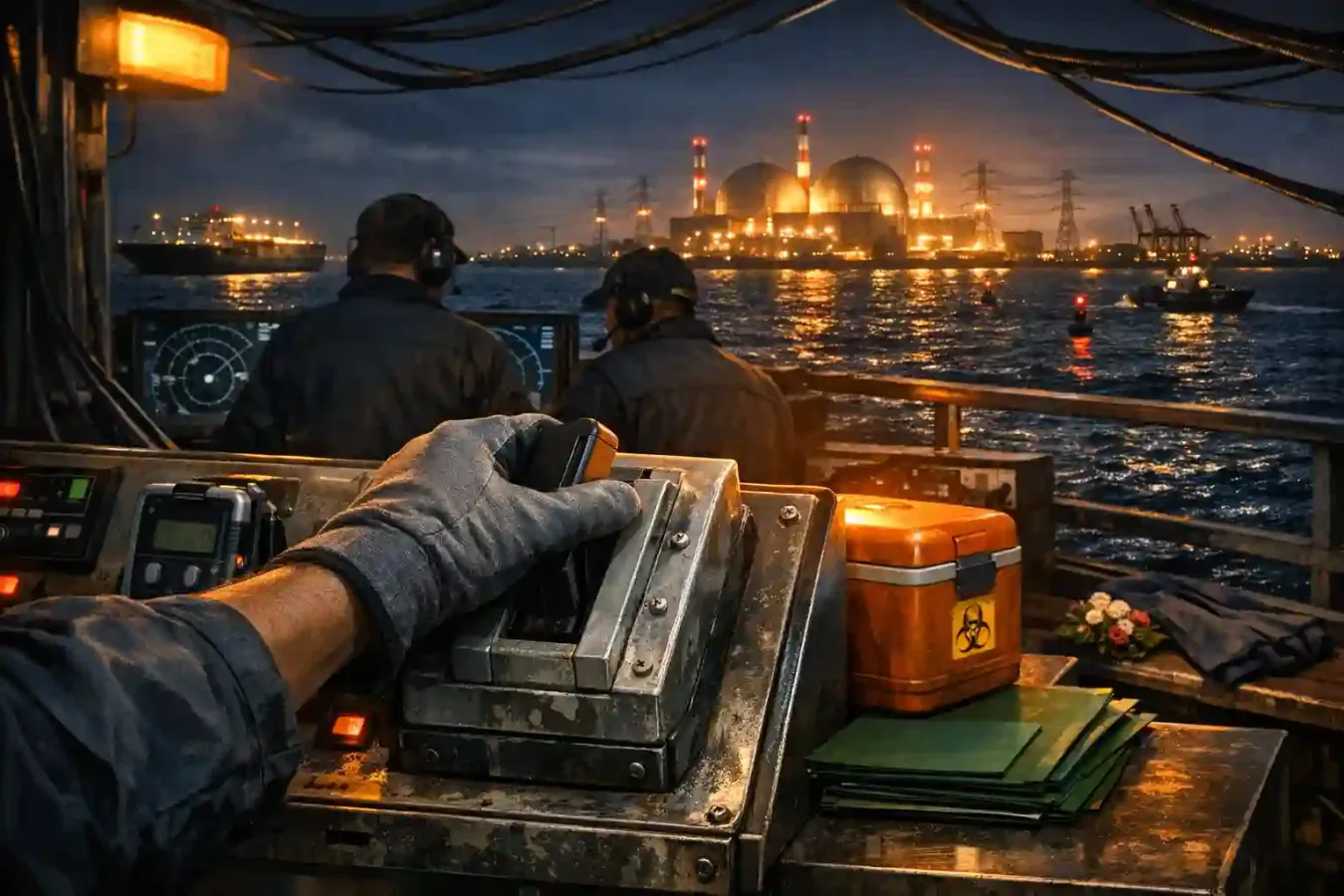 An anonymous technician resets a power breaker on a Gulf control deck as distant nuclear plant lights return across a wind-roughened strait.