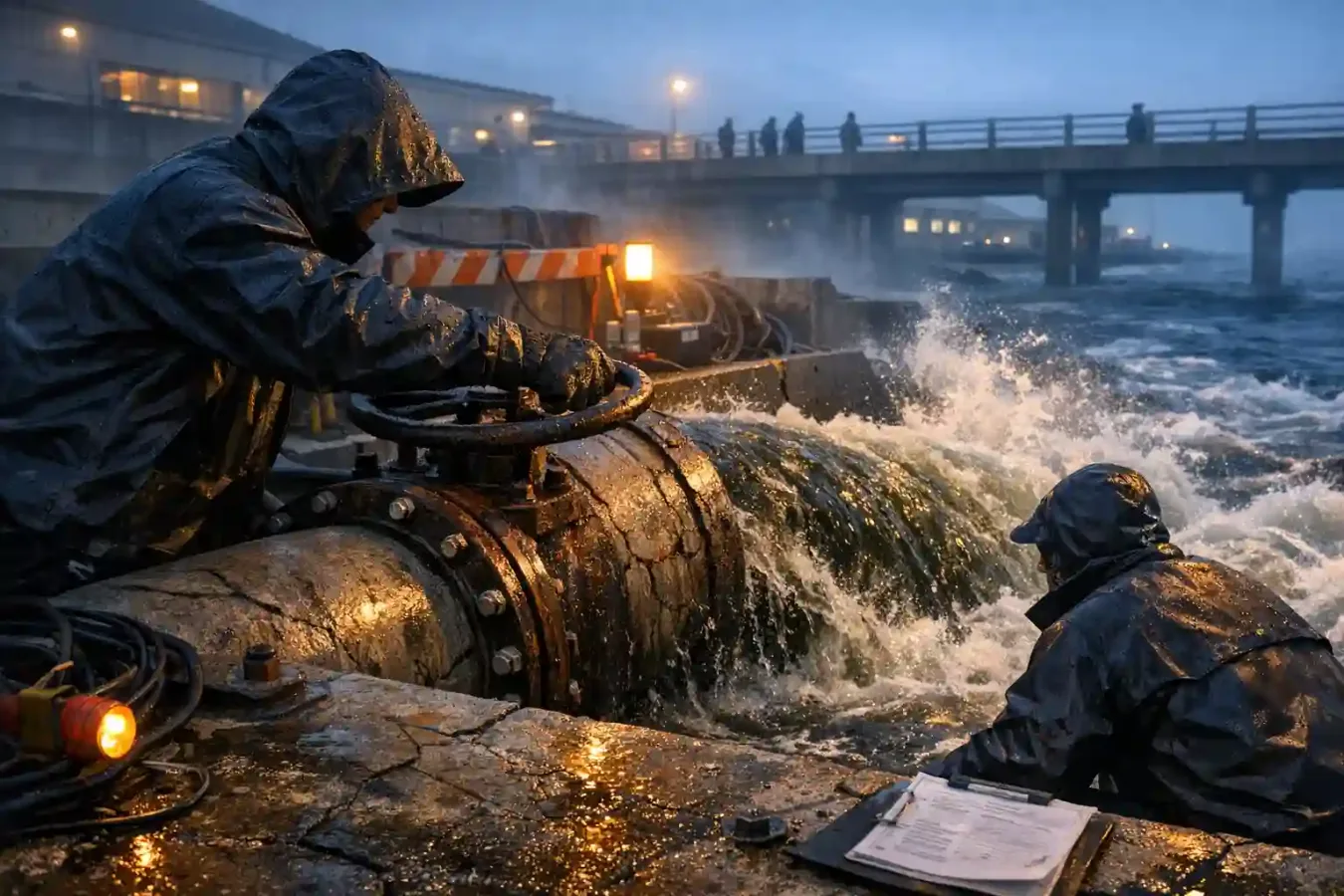 Anonymous workers stand beside a damaged coastal wastewater outfall as dark discharge pours into tidal water near a civic waterfront.