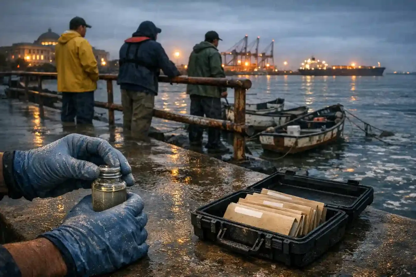 Gloved hands seal a metallic-looking water sample on a wet harbor pier while anonymous workers watch idle fishing boats near cranes, civic buildings, and a distant tanker.