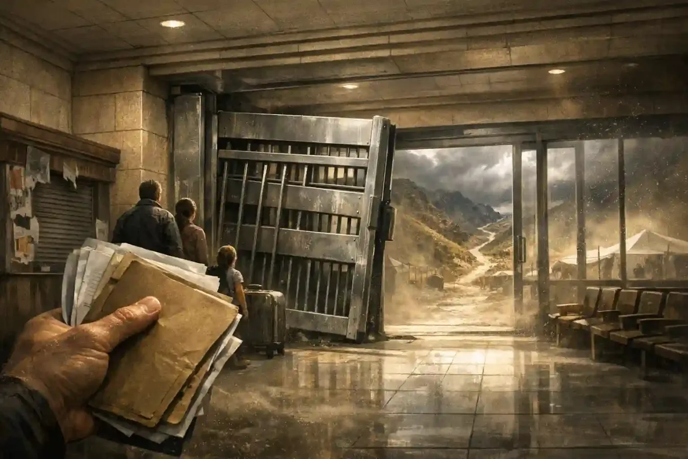 Anonymous travelers wait at a jammed security gate in a civic transit hall as storm light and dust press in from a distant mountain path.