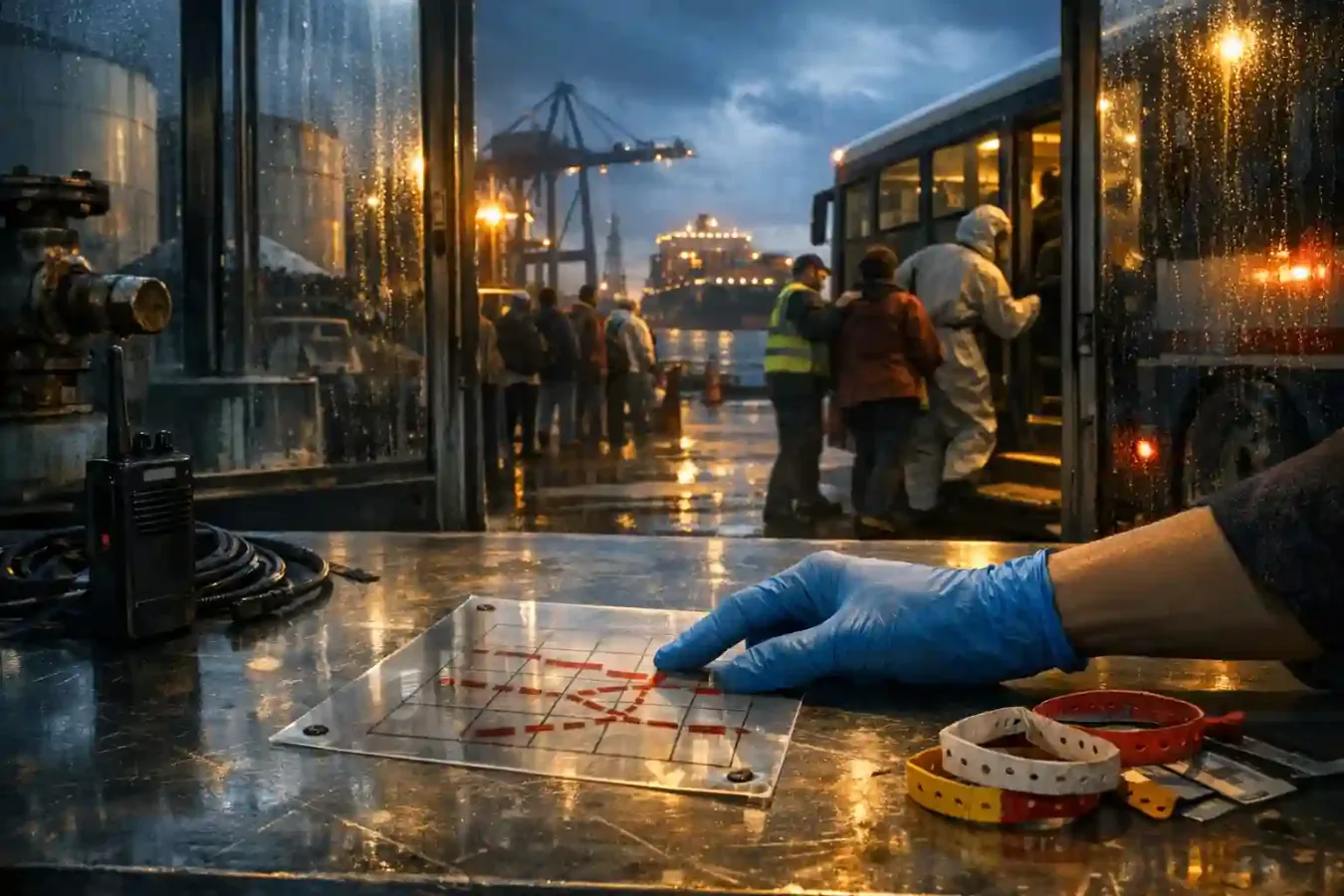 An emergency responder pins an exposure route sheet on a command table while evacuees board buses outside an industrial harbor threatened by tanks and storm light.