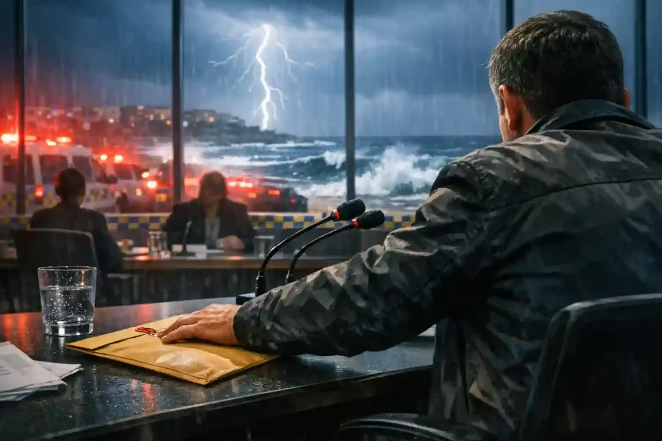 An anonymous witness sits in a tense civic hearing room as stormy Bondi surf and emergency-red reflections loom through the windows.