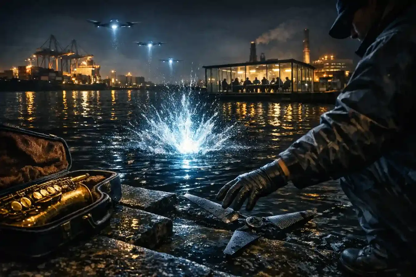 A night harbor scene shows a drone light splashing into the water near wet steps, a saxophone case, a broken rotor, and a distant lit civic pavilion backed by industrial infrastructure.