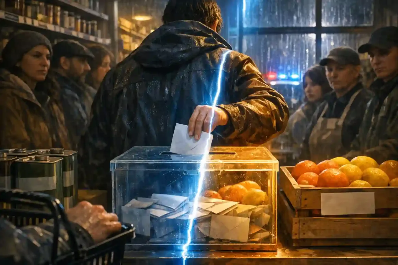 An anonymous food coop member places a blank ballot into a box beside grocery crates as a tense line of shoppers waits under storm-lit windows.