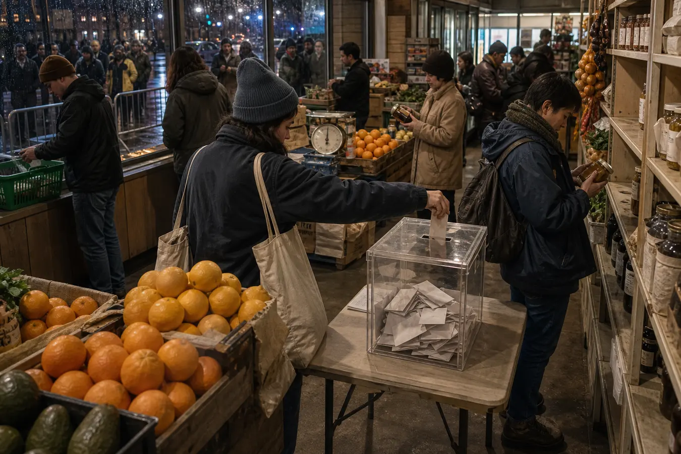 Anonymous food co-op members cast unmarked ballots beside grocery shelves as rain and onlookers press against the storefront windows.